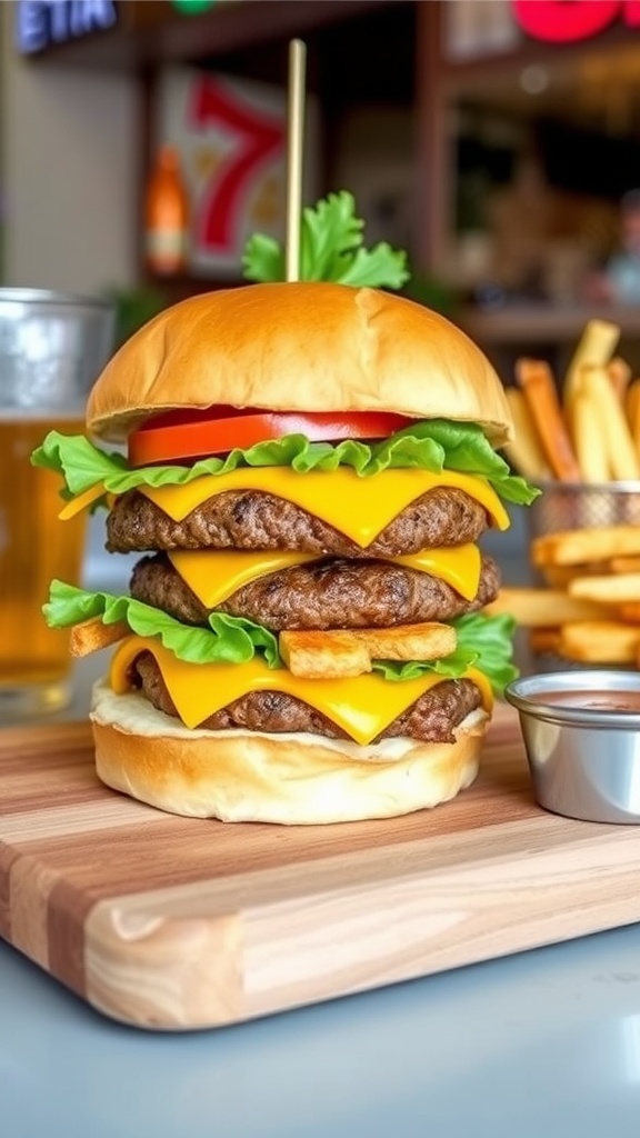 A delicious 7 Street Burger with beef patty, cheddar cheese, lettuce, and tomato on a toasted bun, served with fries.